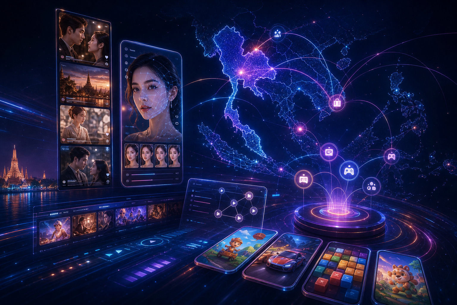 Abstract AI short drama and mini-game technology network